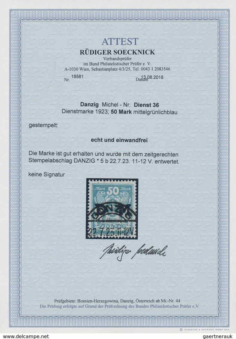 Danzig - Dienstmarken: 1923, Staatswappen, 50 Pf Mittelgrünlichblau Mit Aufdruck "D M", Zeitgerecht - Andere & Zonder Classificatie