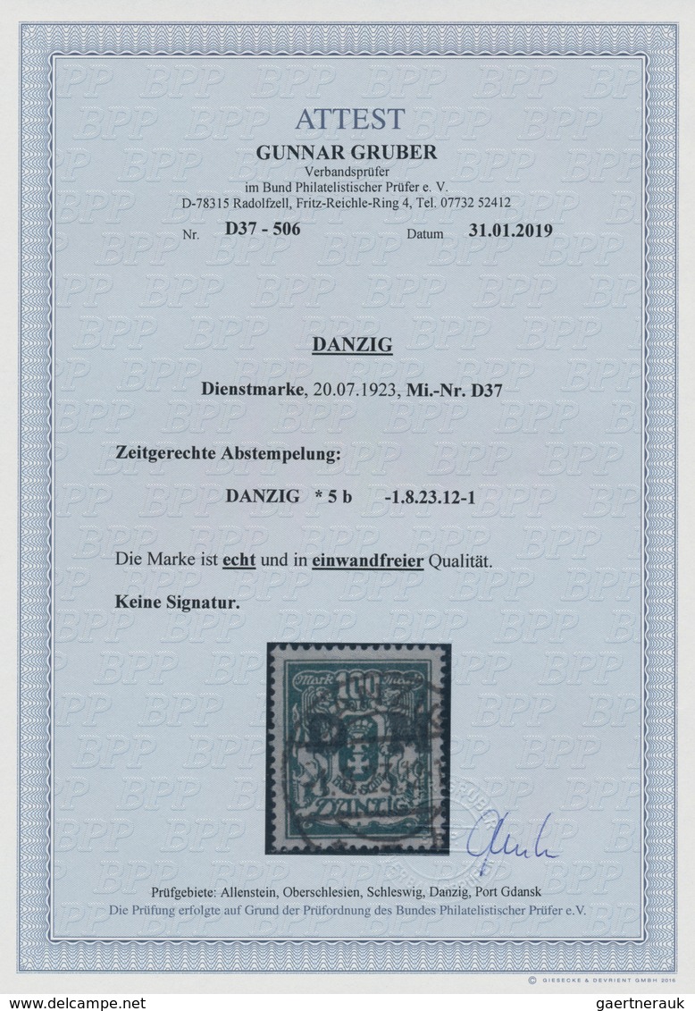 Danzig - Dienstmarken: 1923, 100 Pf Blau Entwertet Mit "DANZIG * 5b" Echt Und Tadellos, Fotoattest B - Andere & Zonder Classificatie