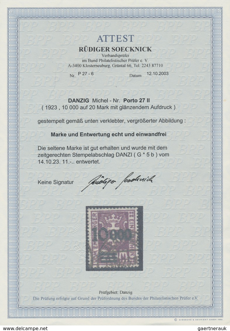 Danzig - Portomarken: 1923, 10.000 Auf 20 M. Dunkel(violett)purpur Mit Glänzendem Aufdruck, Zeitgere - Andere & Zonder Classificatie
