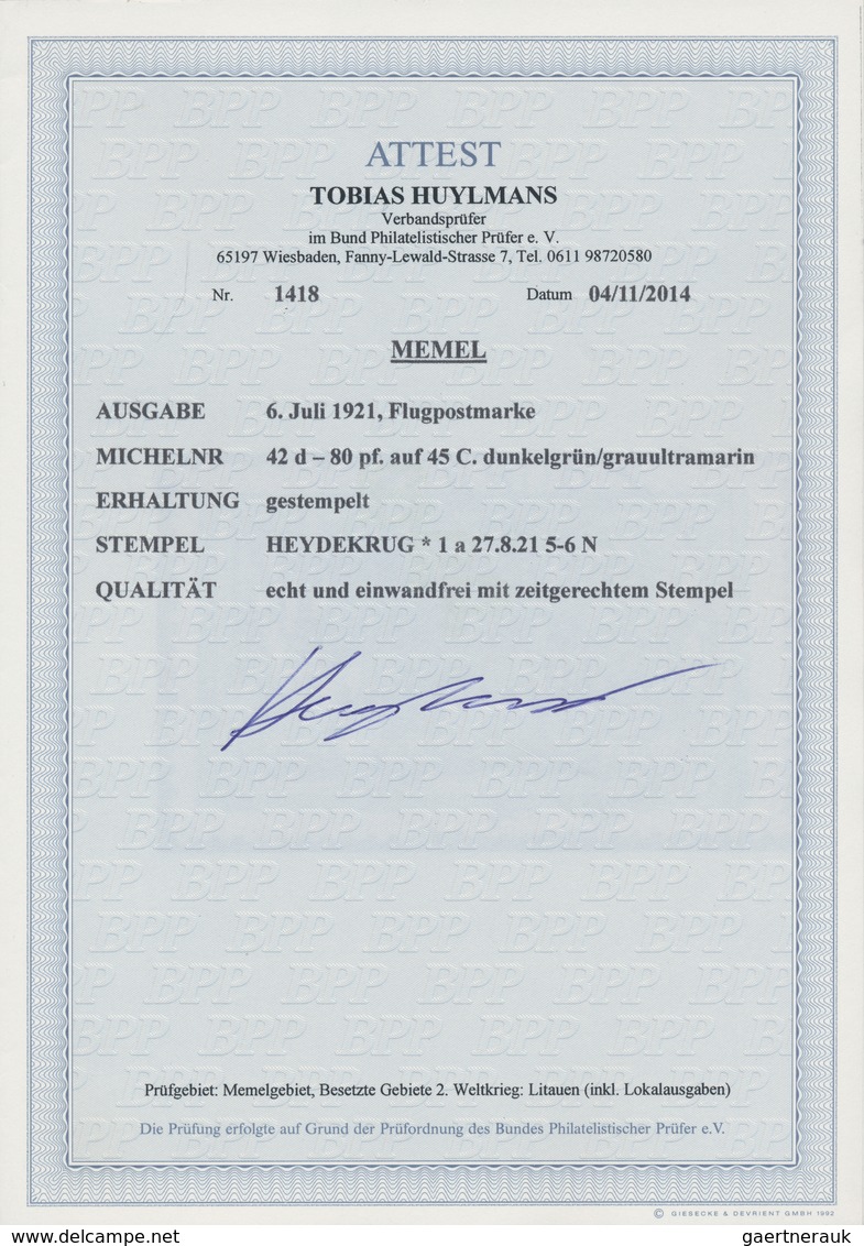 Memel: 1921, Flugpostmarke 80 Pf Auf 45 C. Dunkelgrün/grauultramarin, Zeitgerecht Entwertet Mit Voll - Memel (Klaïpeda) 1923