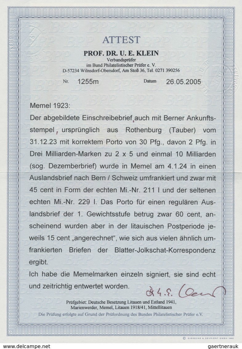 Memel: 1923: Luxus-R-Brief: DR-Mischfrankatur Infla Nr. 333A, 334A, 335A, Neue Währung 3 Pfg., 5 Pfg - Memelland 1923