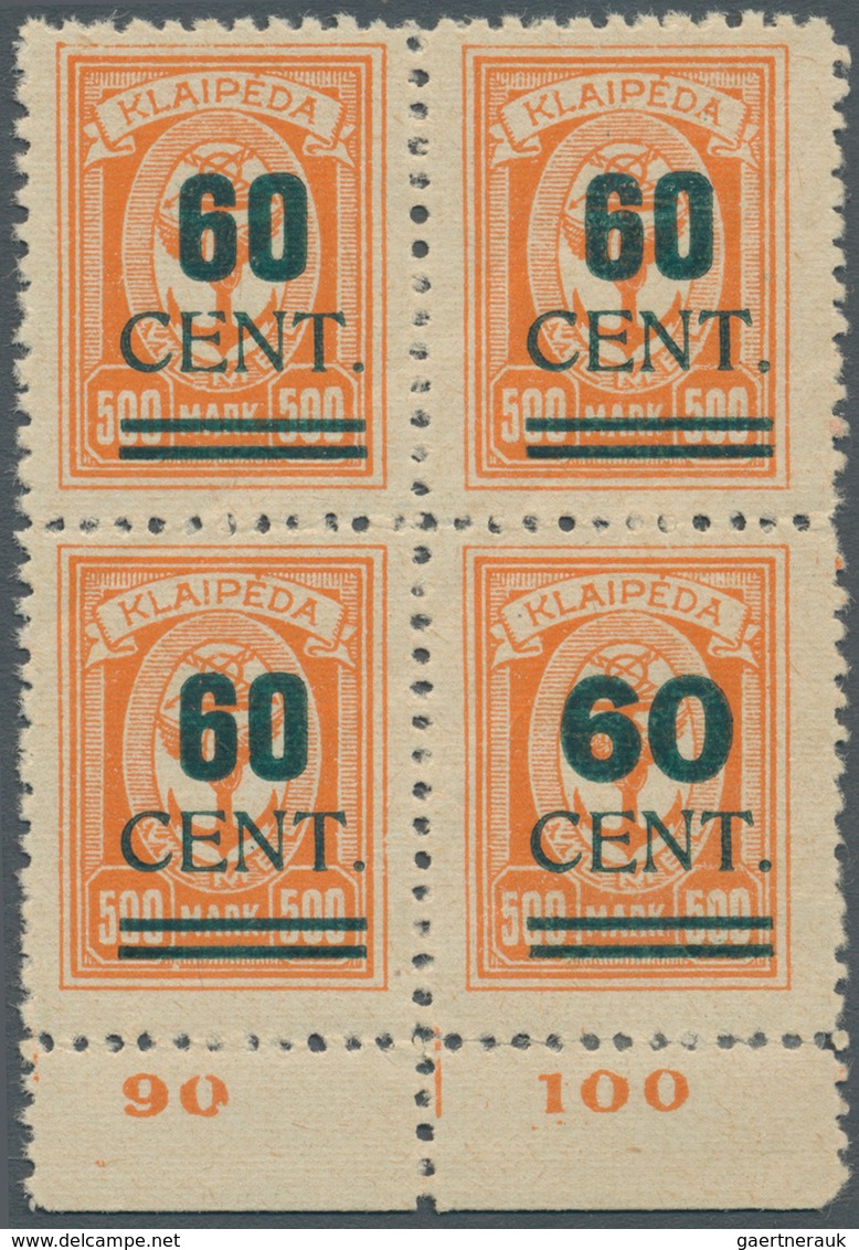 Memel: 1923, 60 C. Auf 500 M. Grünaufdruck, Unterrand-Viererblock, Dabei Rechte Untere Marke Mit Auf - Memelland 1923
