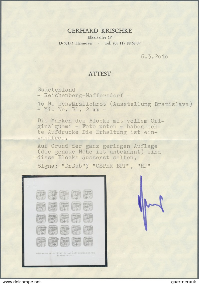 Sudetenland - Reichenberg: Blockausgabe "Briefmarkenausstellung Preßburg (Bratislava) 1937", POSTFRI - Sudetenland