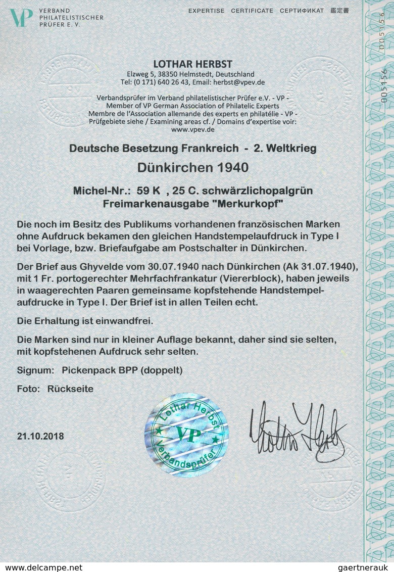 Dt. Besetzung II WK - Frankreich - Dünkirchen: 1940, 25 C Schwärzlichopalgrün "Merkurkopf", Viererbl - Bezetting 1938-45