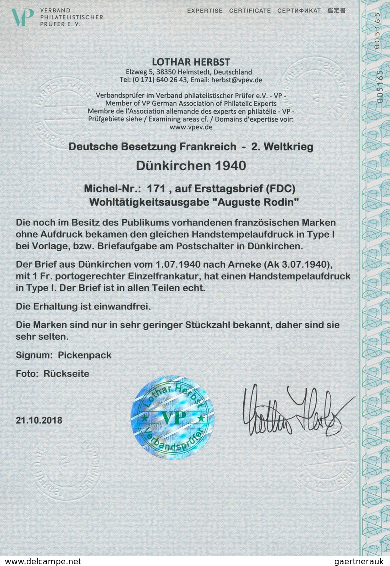 Dt. Besetzung II WK - Frankreich - Dünkirchen: 1940, 1 Fr + 10 C Bräunlichkarmin "Auguste Rodin", Mi - Bezetting 1938-45