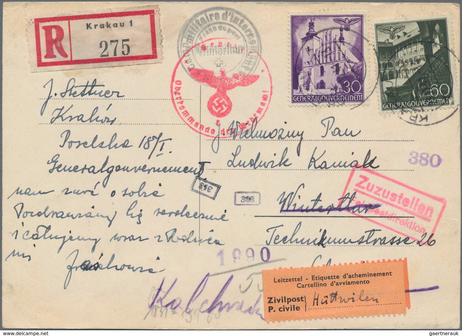 Dt. Besetzung II WK - Generalgouvernement: 1941, Bauten 30 U. 60 Pfg. Auf Bedarfs-R-Karte Aus Krakau - Bezetting 1938-45