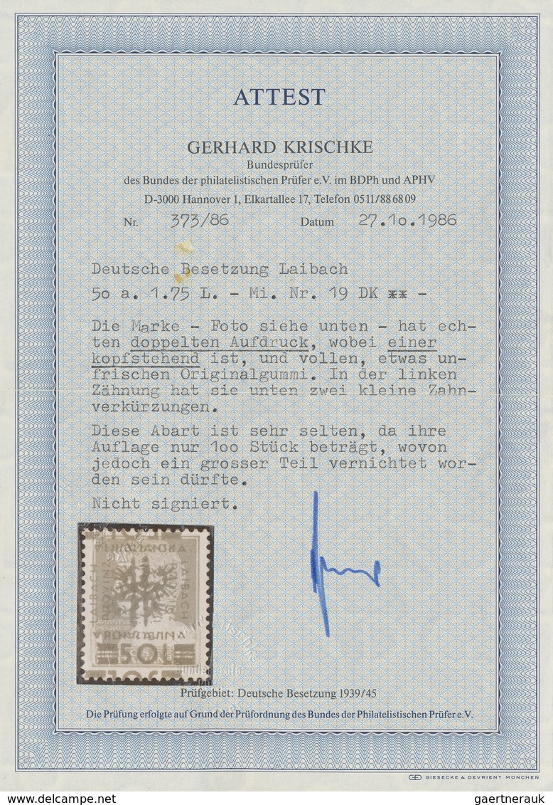 Dt. Besetzung II WK - Laibach: 1944, 50 L Auf 1,75 L Postfrisch Mit Doppeltem Aufdruck Wovon Einer K - Occupazione 1938 – 45