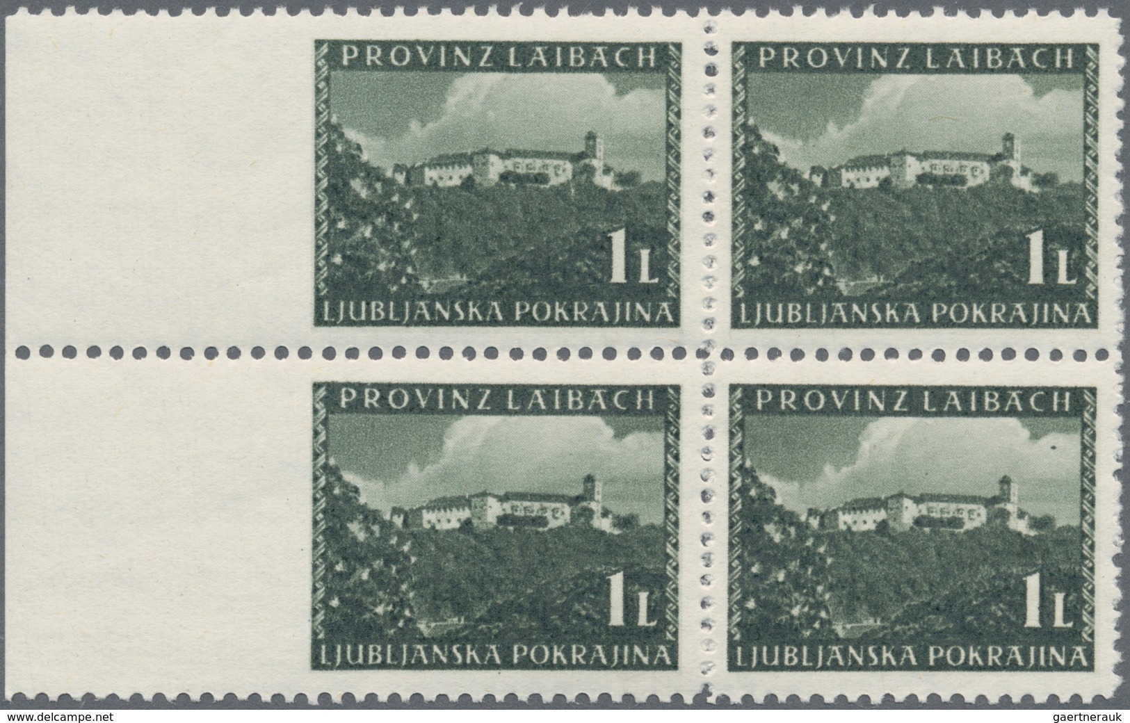 Dt. Besetzung II WK - Laibach: 1945, 1 L Schwärzlichgraugrün, 4er-Block Vom Linken Bogenrand, Die Be - Occupazione 1938 – 45