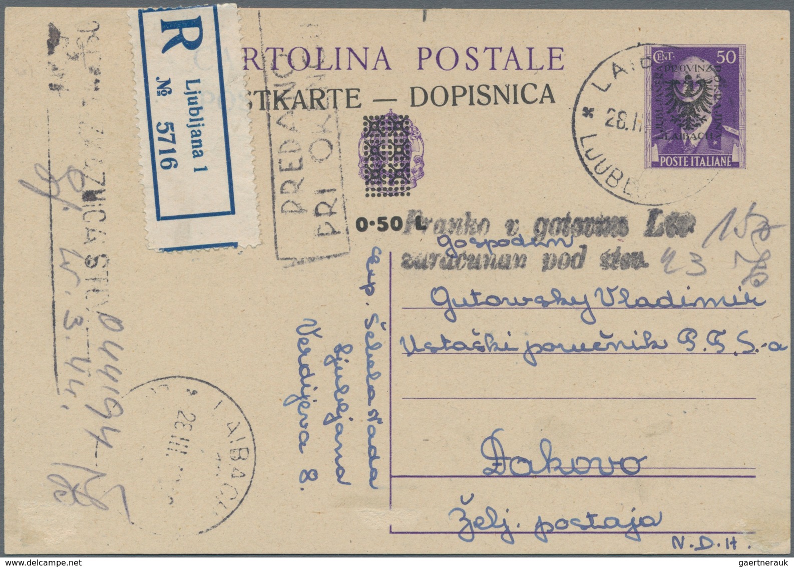 Dt. Besetzung II WK - Laibach - Ganzsachen: 1944, 0,50 L Auf 50 Violett Ganzsachenkarte Per Einschre - Bezetting 1938-45