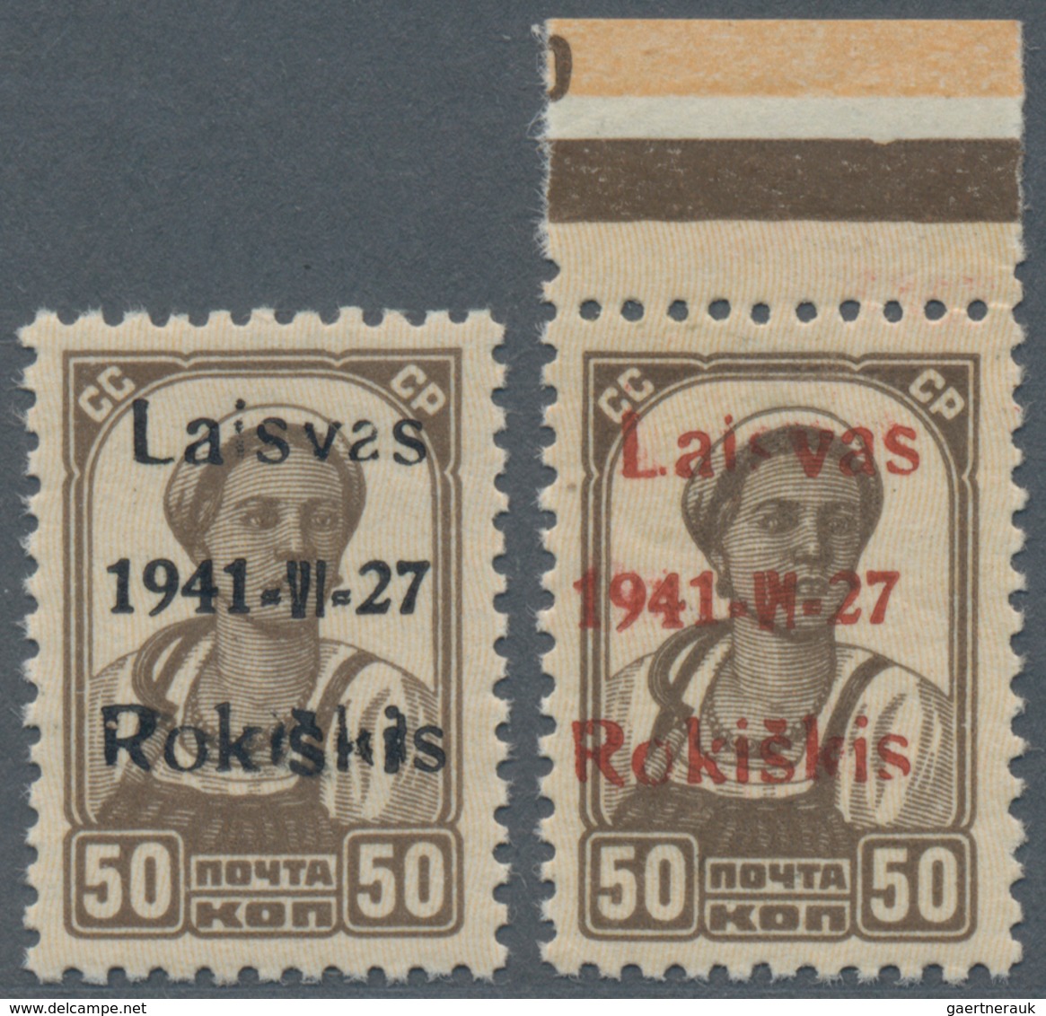 Dt. Besetzung II WK - Litauen - Rakischki (Rokiskis): 1941: Zwei Marken Zu 50 K. Braun Mit Aufdruck - Occupazione 1938 – 45