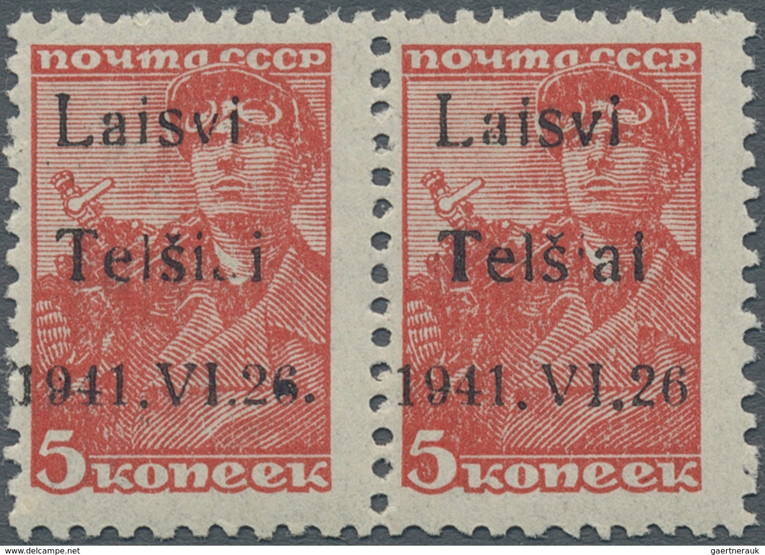 Dt. Besetzung II WK - Litauen - Telschen (Telsiai): 5 Kop. Rot Im Waagerechten Paar, Bogenfelder 36+ - Occupation 1938-45
