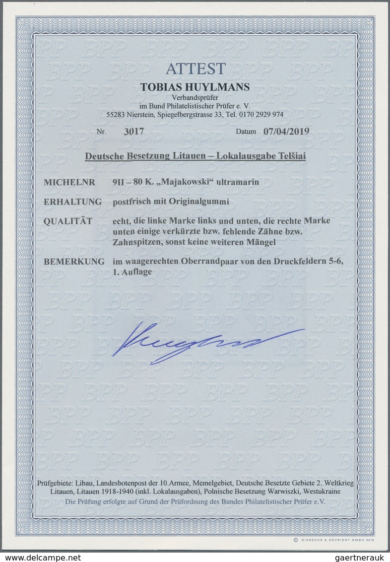 Dt. Besetzung II WK - Litauen - Telschen (Telsiai): 'Majakowski' 80 K. Ultramarin Im Oberrandpaar Mi - Occupazione 1938 – 45