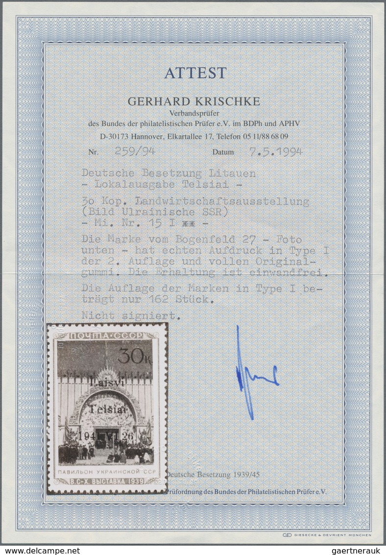 Dt. Besetzung II WK - Litauen - Telschen (Telsiai): Die Postfrische Marke Vom Bogenfeld 27 Hat Einen - Bezetting 1938-45