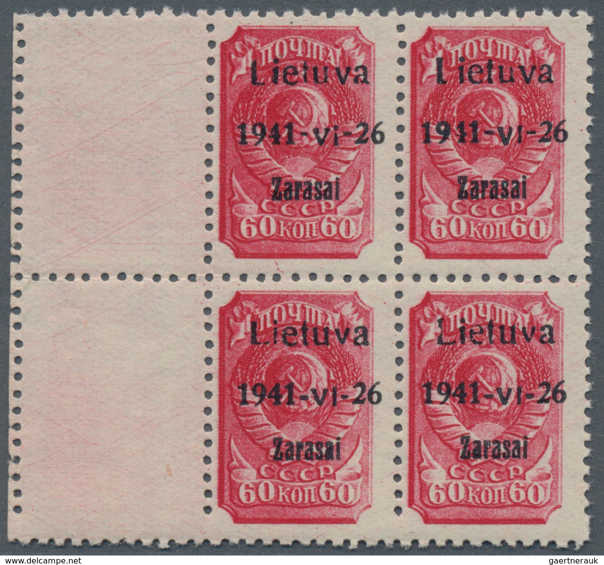 Dt. Besetzung II WK - Litauen - Zargrad (Zarasai): 1941 60 K. Rot Im Linken Rand-4er-Block (Felder 2 - Besetzungen 1938-45