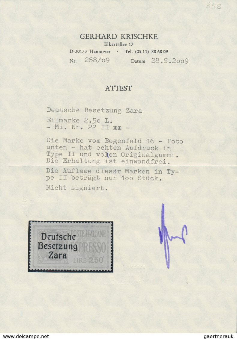 Dt. Besetzung II WK - Zara: 1943, 2.50 Lire Rotorange Eilmarke, Aufdruck In Type II, Postfrisch, Uns - Occupazione 1938 – 45