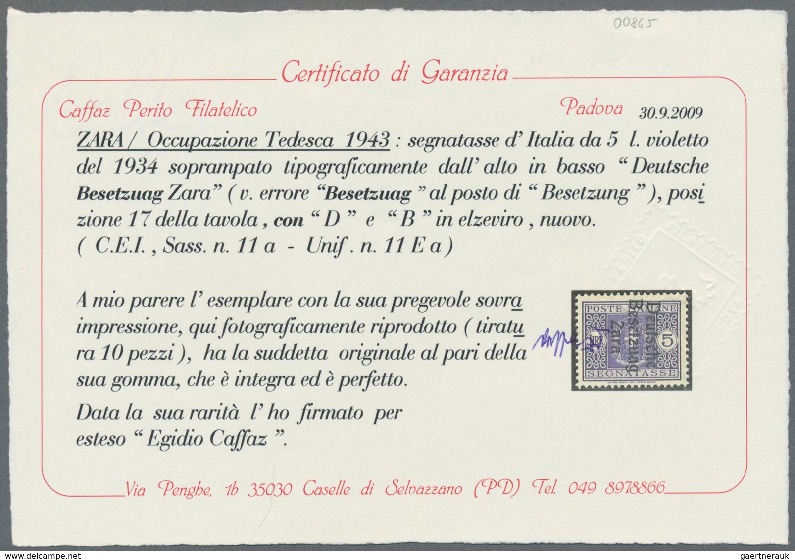 Dt. Besetzung II WK - Zara - Portomarken: 1943, 5 Lire Blauviolett Mit Aufdruckabart "Besetzuag", Po - Occupazione 1938 – 45