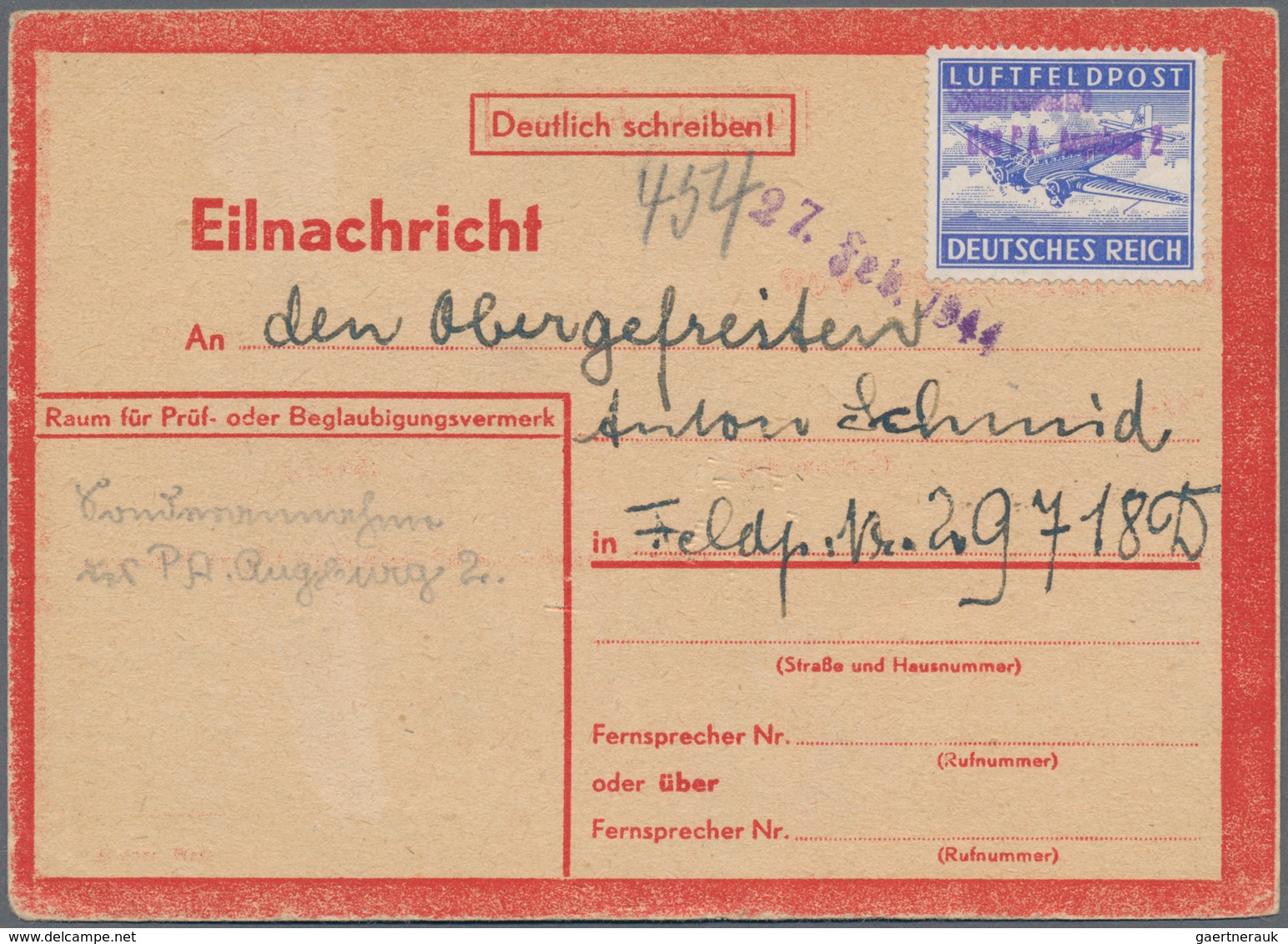 Feldpostmarken: 1944, Zulassungsmarke Auf Eilnachricht Mit Viol. L2 "Sonderannahme Des PA Augsburg 2 - Andere & Zonder Classificatie