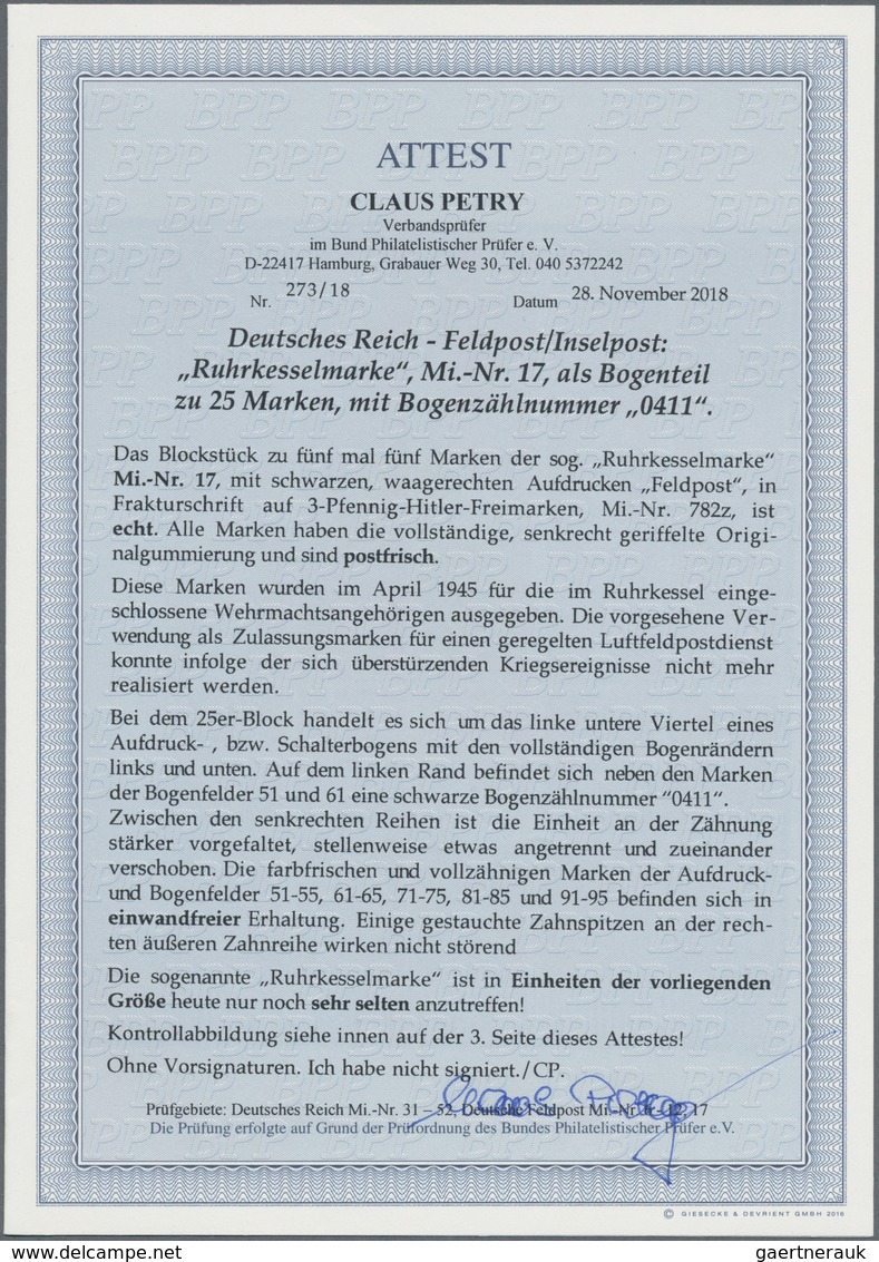 Feldpostmarken: 1945, 3 Pf Hitler Mit Aufdruck "Feldpost" Sogenanntes "RUHRKESSEL-Provisorium" Im 25 - Andere & Zonder Classificatie