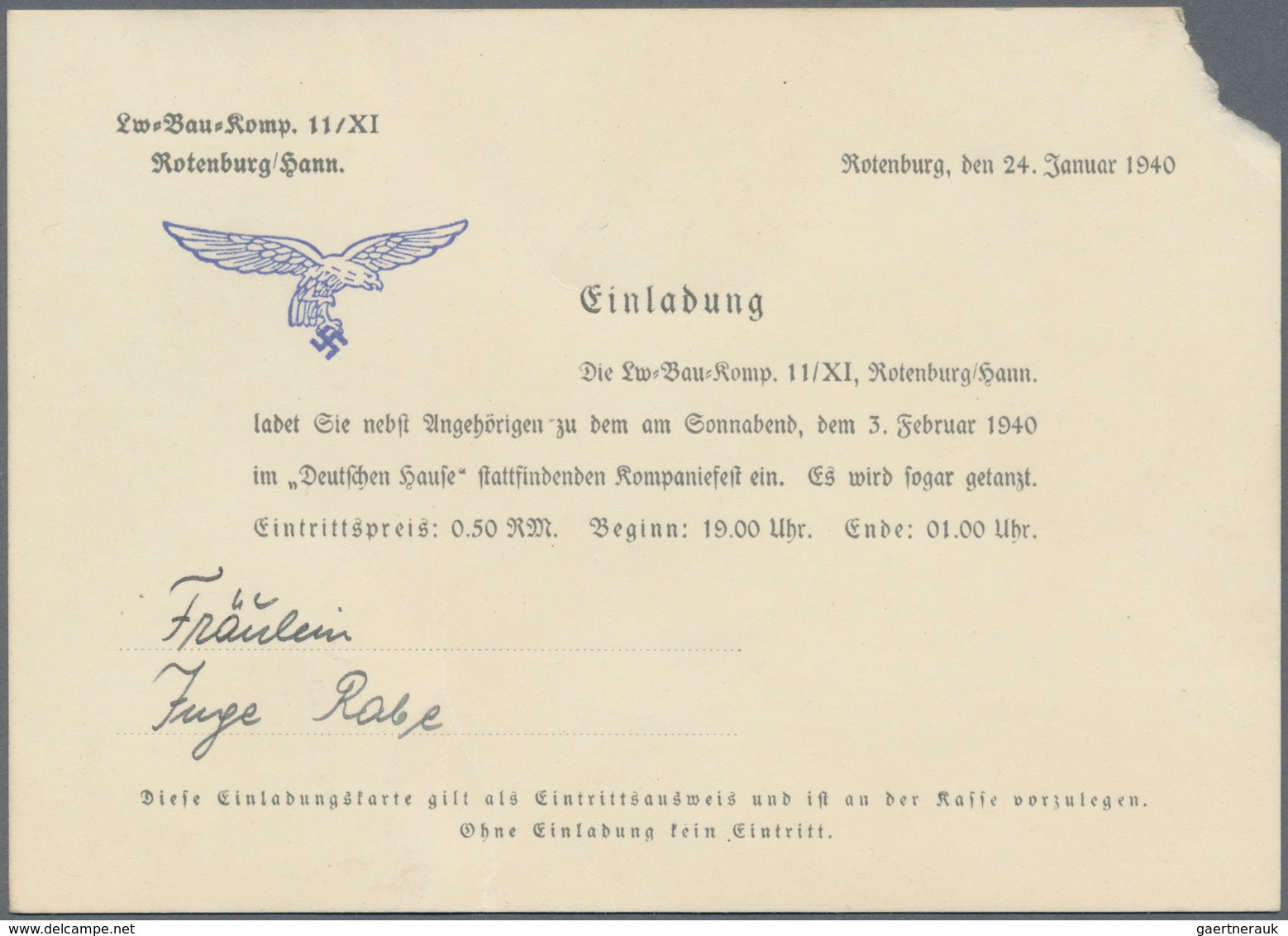 Feldpost 2. Weltkrieg: 1940, Feldpost-Ortsbrief Aus ROTENBURG(HANNOVER) 2, 29.1.40, Inliegend Einlad - Sonstige & Ohne Zuordnung