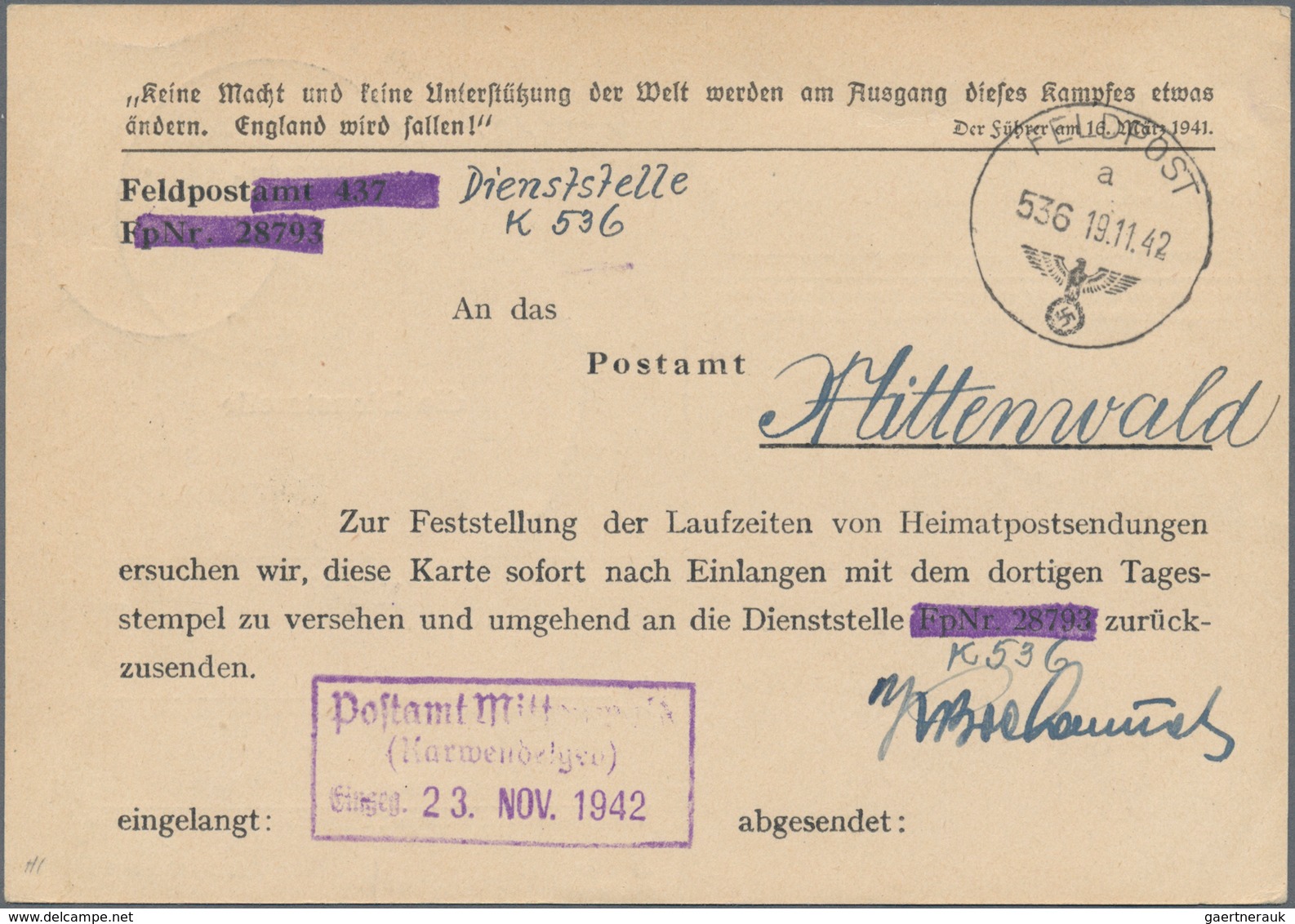 Feldpost 2. Weltkrieg: 1942, Feldpost-Vordruckkarte Von Der Dienststelle K 536, Rs. Mit Tagesstempel - Andere & Zonder Classificatie