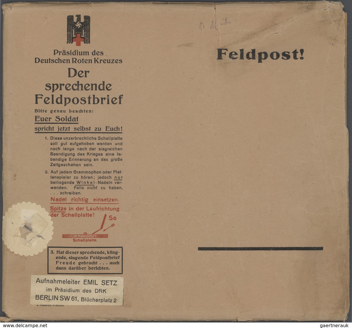 Feldpost 2. Weltkrieg: SCHALLPLATTENBRIEF Um 1943, „Der Sprechende Feldpostbrief“, Vordruck-Umschlag - Altri & Non Classificati