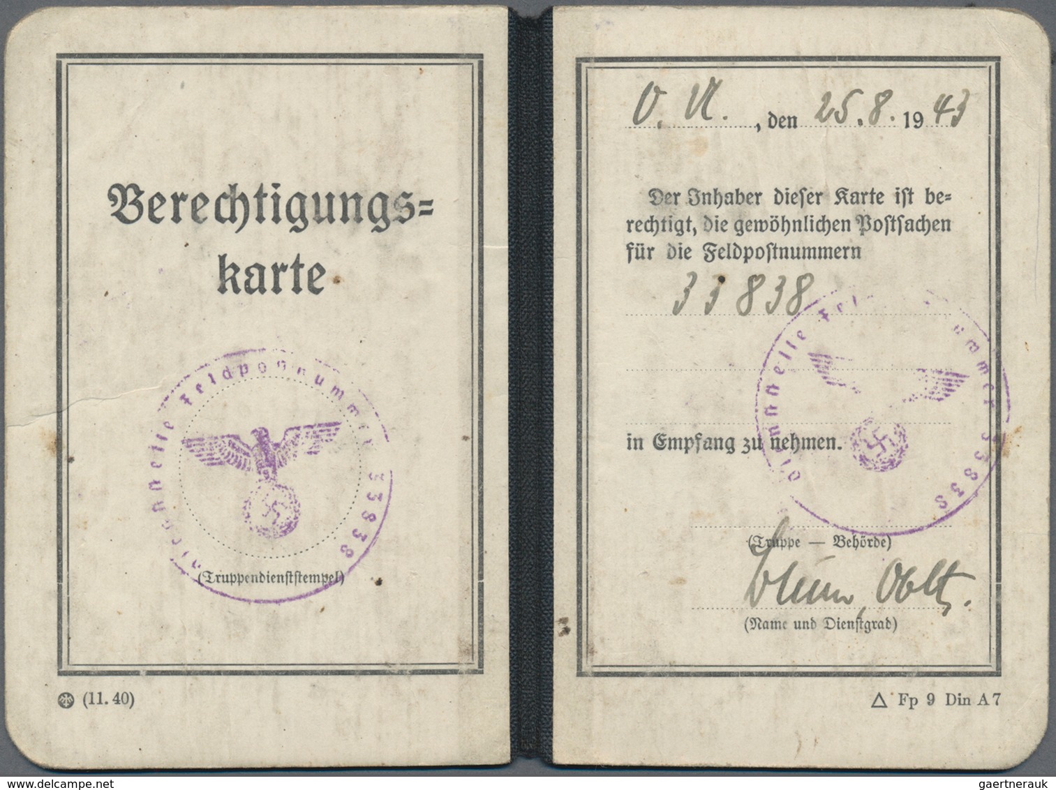 Feldpost 2. Weltkrieg: 1943, Berechtigungskarte Zum Empfang Gewöhnlicher Postsachen Für Die Feldpost - Altri & Non Classificati