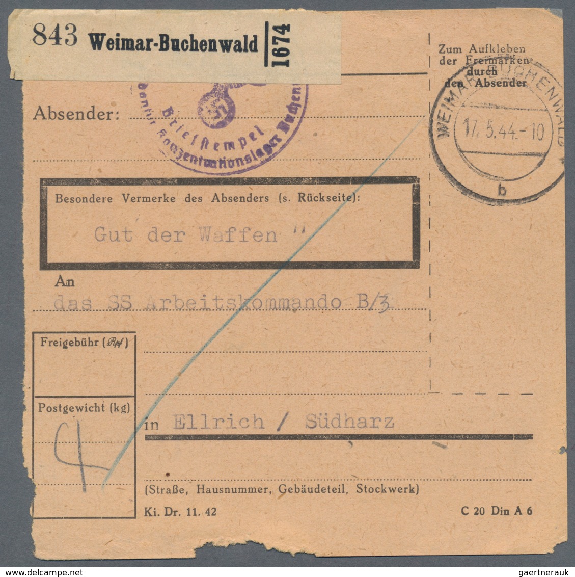 Feldpost 2. Weltkrieg: 1944. Feldpost Packet Card "Gut Der Waffen SS" (Goods Of The Waffen SS) At Ko - Altri & Non Classificati