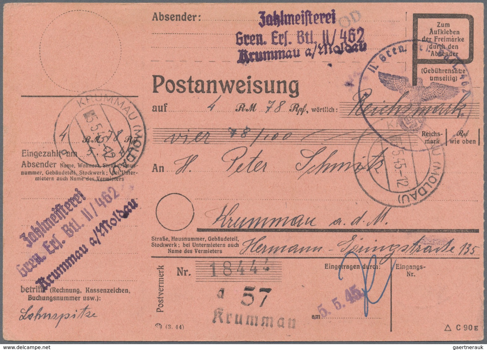 Feldpost 2. Weltkrieg: 1945, Sehr Späte Feldpost-Postanweisung über 4 RM 78 Rpf Von KRUMMAU(MOLDAU), - Altri & Non Classificati