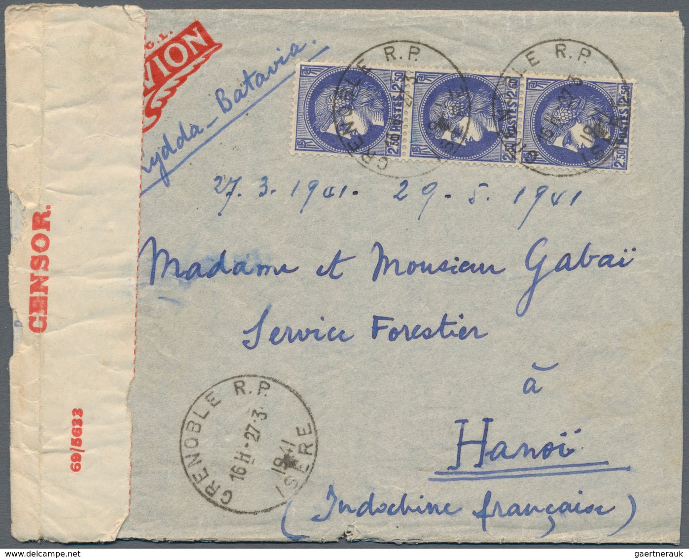 Zensurpost: 1941, France, 3 X 2 F 50 C Ultramarine Definitive "Cérès", Multiple Franking On Airmail - Sonstige & Ohne Zuordnung