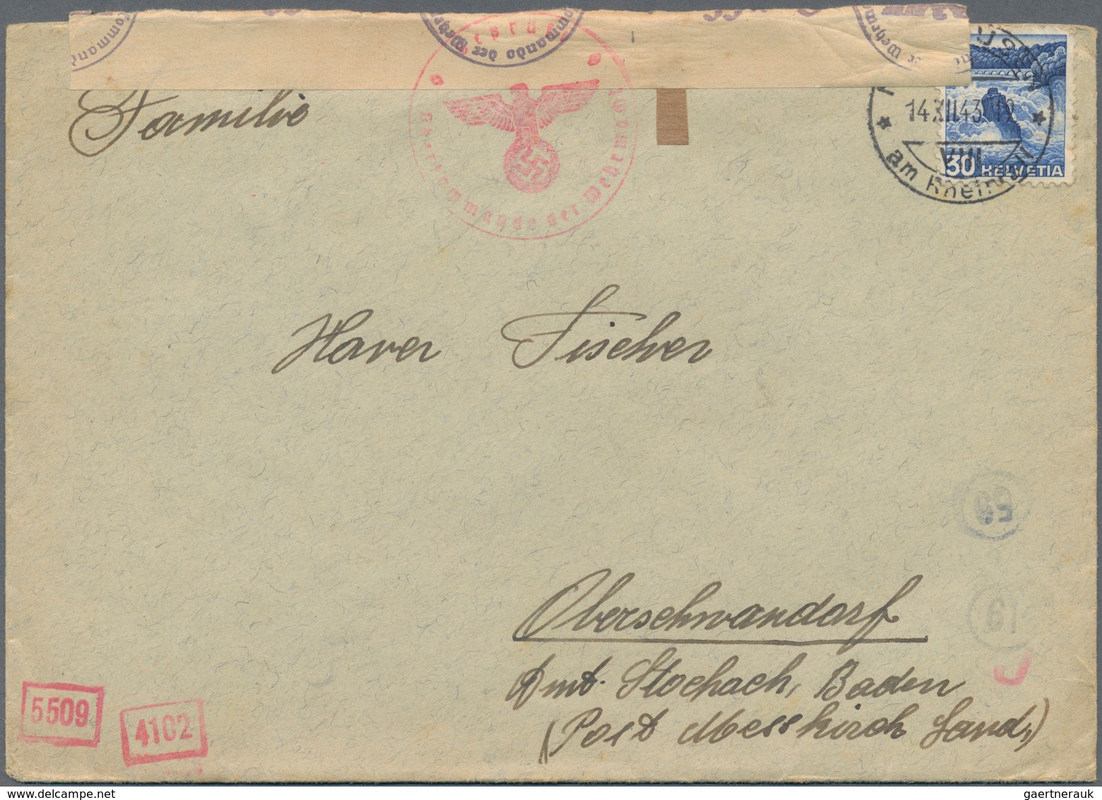 Zensurpost: 1943 (14.12.), Brief Mit 30 Rappen Aus Neuhausen Am Rheinfall/Schweiz Mit OKW-Zensur (rs - Altri & Non Classificati