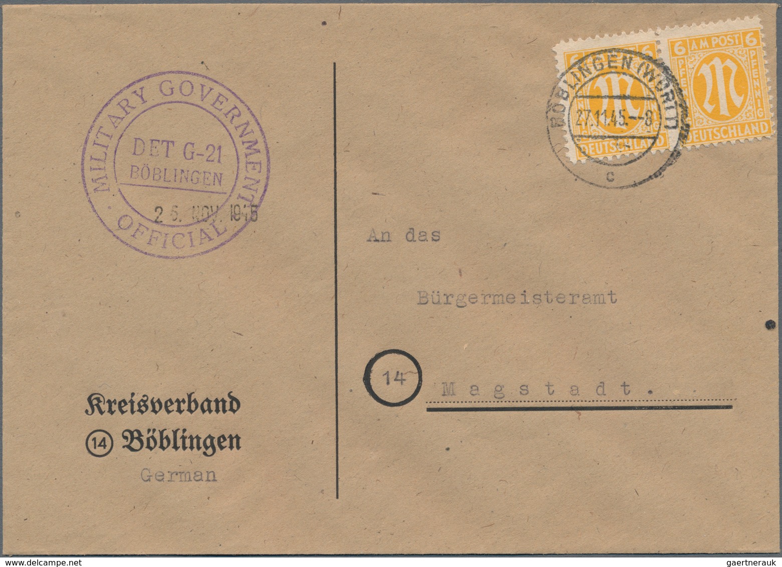 Zensurpost: 1945, LOKALZENSUR BÖBLINGEN, Waager. Paar 6 Pf AM-Post, Mehrfachfrankatur Auf Vordruck-B - Altri & Non Classificati