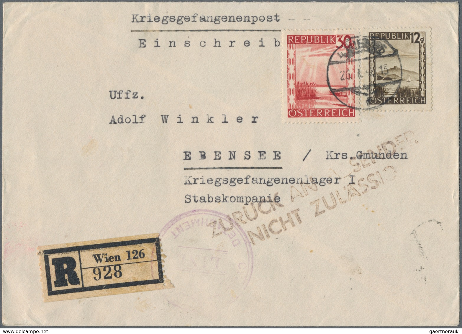 Kriegsgefangenen-Lagerpost: 1946, Österreich, 12 G Und 30 G Freimarken 'Landschaften', MiF Auf Einsc - Sonstige & Ohne Zuordnung