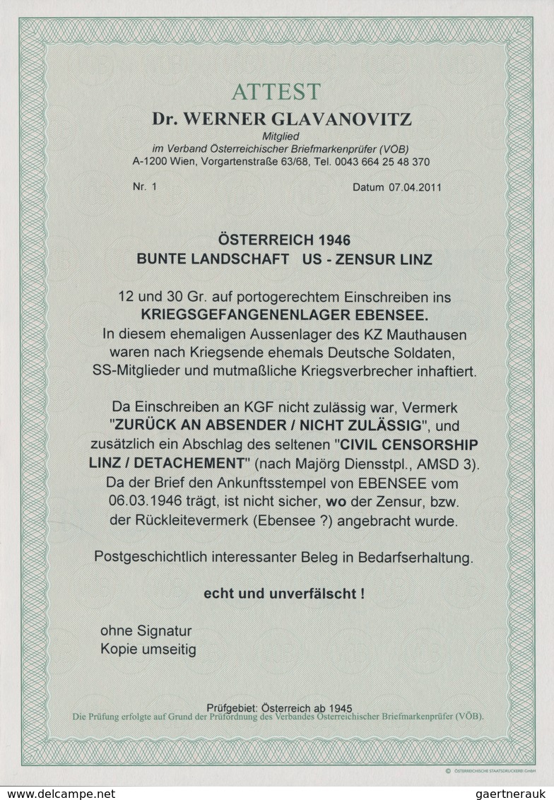 Kriegsgefangenen-Lagerpost: 1946, Österreich, 12 G Und 30 G Freimarken 'Landschaften', MiF Auf Einsc - Sonstige & Ohne Zuordnung