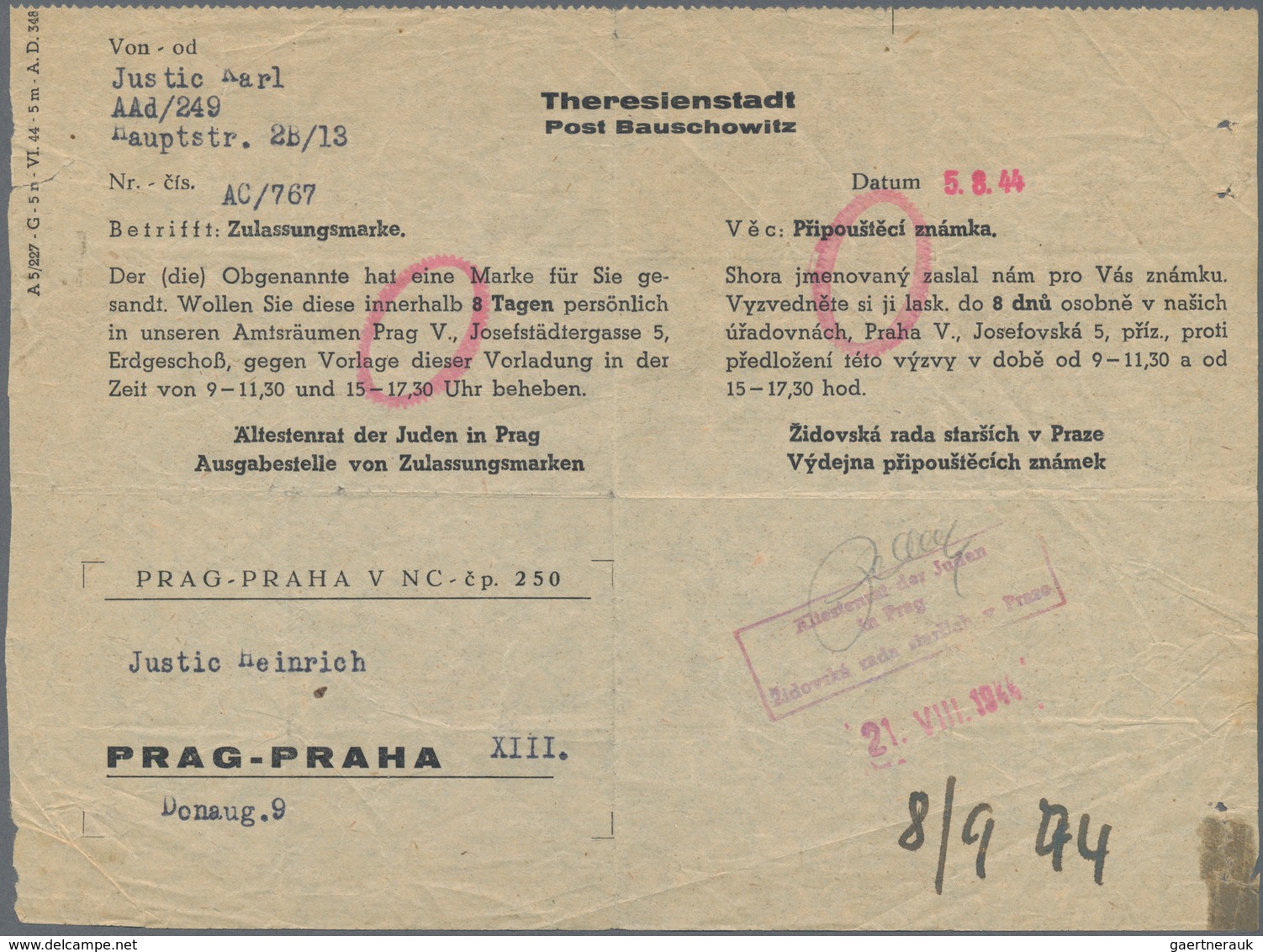 Ghetto-Post: 1944 (21.8.), Zweisprachiges Vordruckformular Des Ältestenrates Der Juden In Prag Für D - Andere & Zonder Classificatie