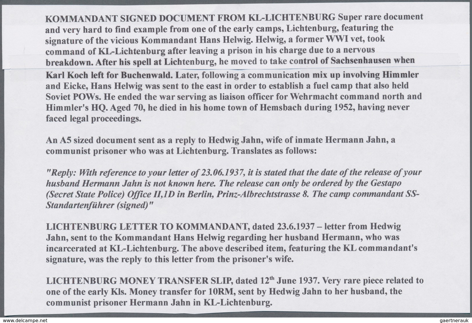 KZ-Post: 1937 (24.6.), Antwortschreiben der Kommandantur des Konzentrationslagers Lichtenburg aus "P