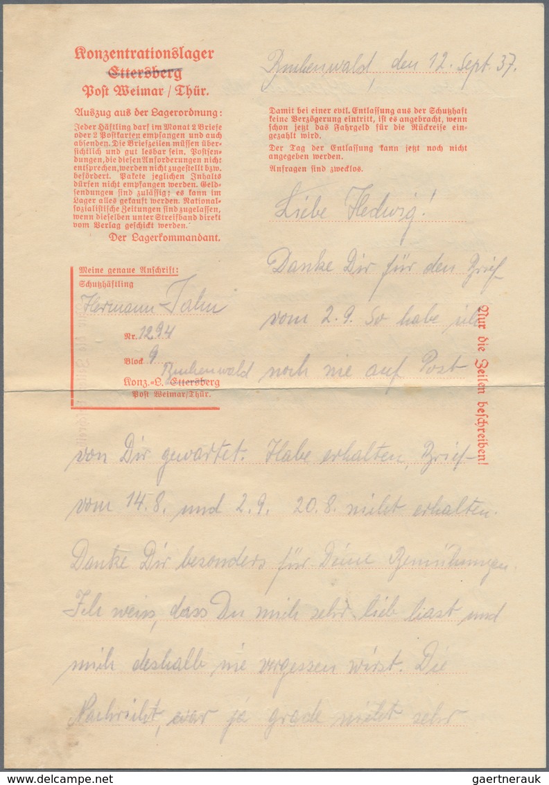 KZ-Post: 1937 (12.9.), Seltener Briefbogen (roter Vordruck Mit Auszug Aus Der Lagerordnung) "Konzent - Lettres & Documents