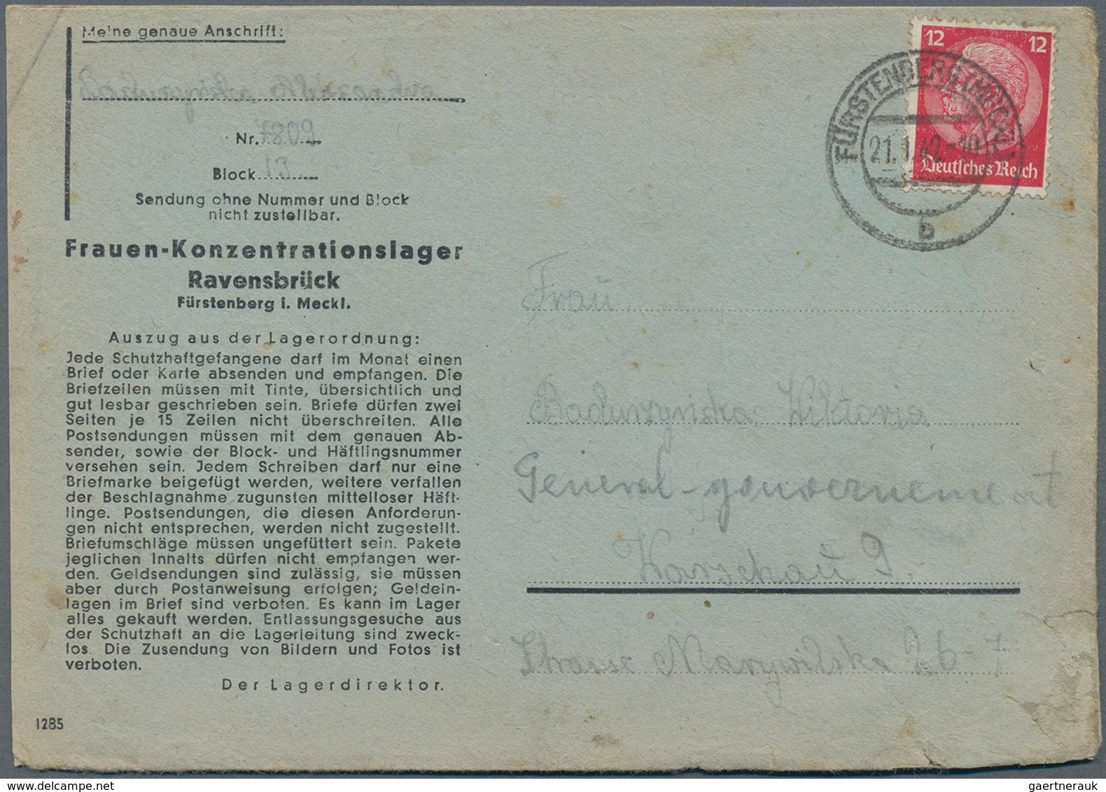 KZ-Post: 1941 (21.1.), 12 Pfg. Hindenburg Mit Stempel FÜRSTENBERG (Meckl.) Auf Vordruckbrief (Lajour - Storia Postale