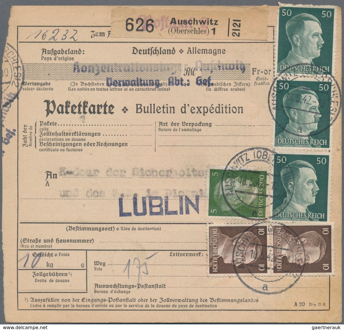 KZ-Post: KZ AUSCHWITZ: 1942, Paketkarte Mit L2 "KZ Auschwitz Verwaltung Abt.: Gef." An Die Sicherhei - Storia Postale