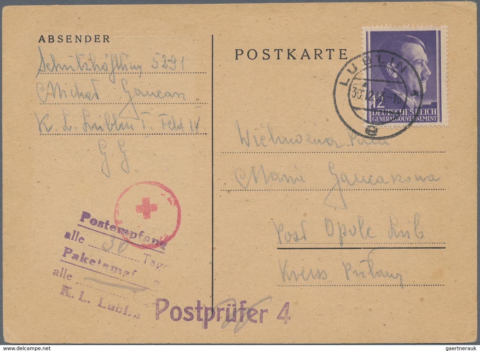 KZ-Post: 1943 (30.12.), 12 Gr. Mit Stempel "LUBLIN 1" Auf Vordruckkarte Eines Polnischen Schutzhäftl - Brieven En Documenten