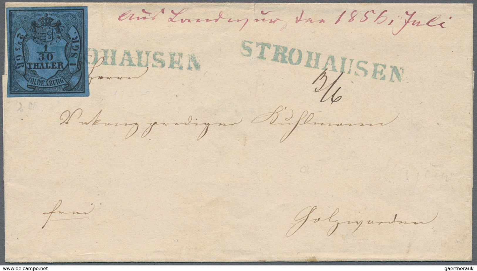 Oldenburg - Marken Und Briefe: 1852, 1/30 Th. Schwarz Auf Blau, Vier Briefhüllen Mit Einzelfrankatur - Oldenburg
