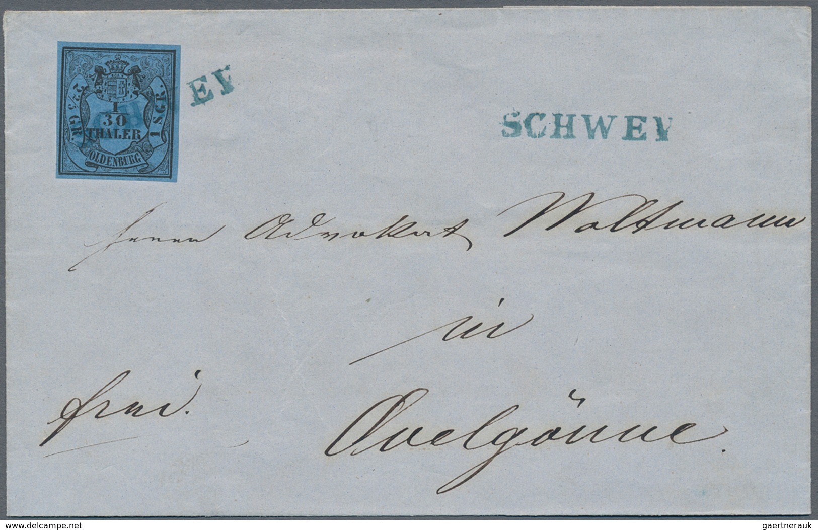 Oldenburg - Marken und Briefe: 1852, 1/30 Th. schwarz auf blau, vier Briefhüllen mit Einzelfrankatur