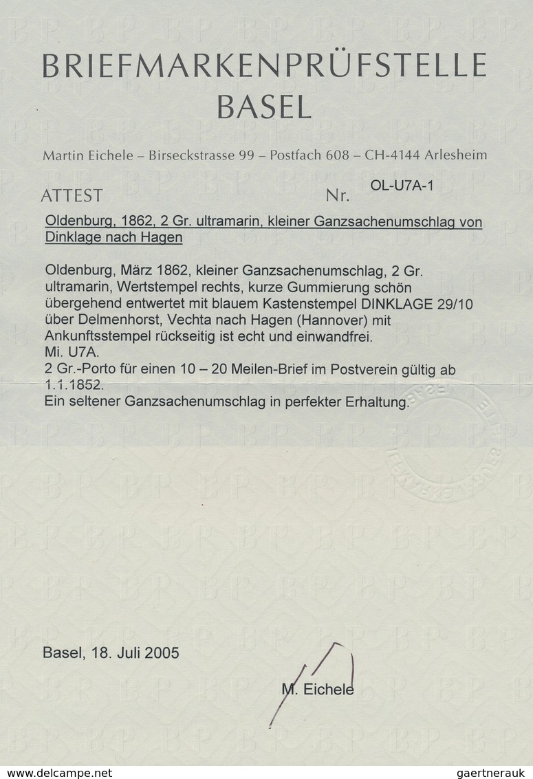 Oldenburg - Ganzsachen: 1862, Ganzsachenumschlag 2 Gr. Blau Kleines Format, Tarifgerecht Gebraucht V - Oldenburg