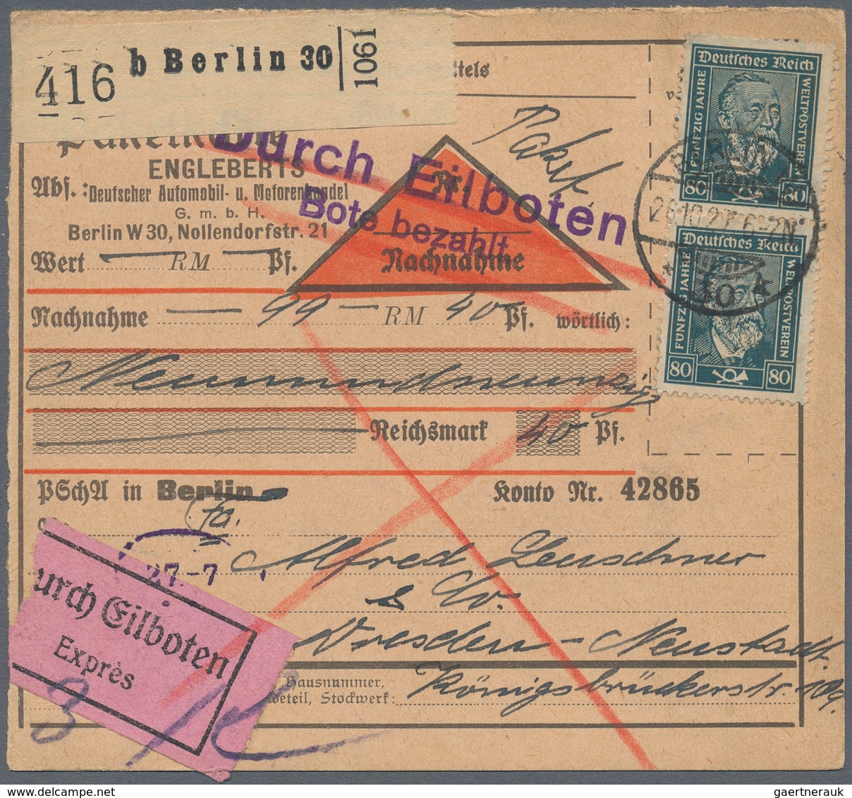 Deutsches Reich - Weimar: 1927, 80 Pfg. Stephan, Senkrechtes Paar Als Mehrfachfrankatur Auf Eilboten - Altri & Non Classificati