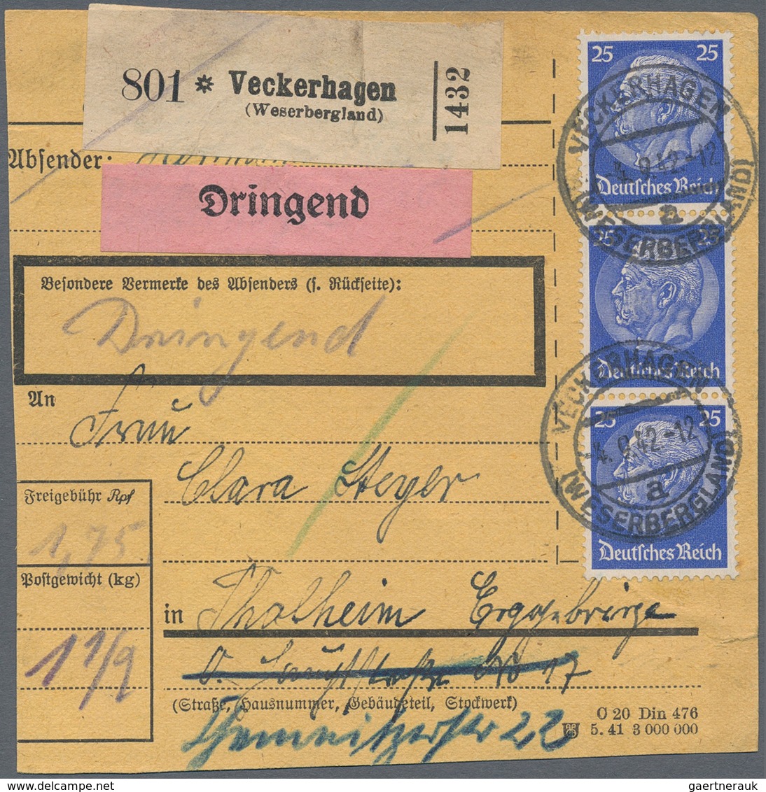 Deutsches Reich - 3. Reich: 1937/1942, 25 Pfg. Hindenburg, Drei Belege: Senkrechter 3er-Streifen Als - Ongebruikt