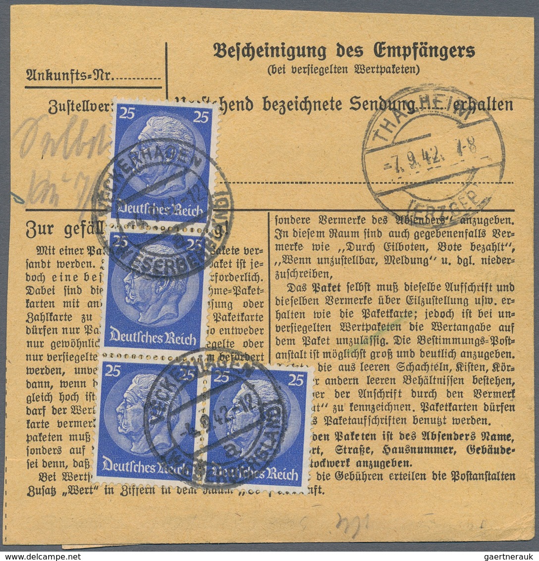 Deutsches Reich - 3. Reich: 1937/1942, 25 Pfg. Hindenburg, Drei Belege: Senkrechter 3er-Streifen Als - Ongebruikt
