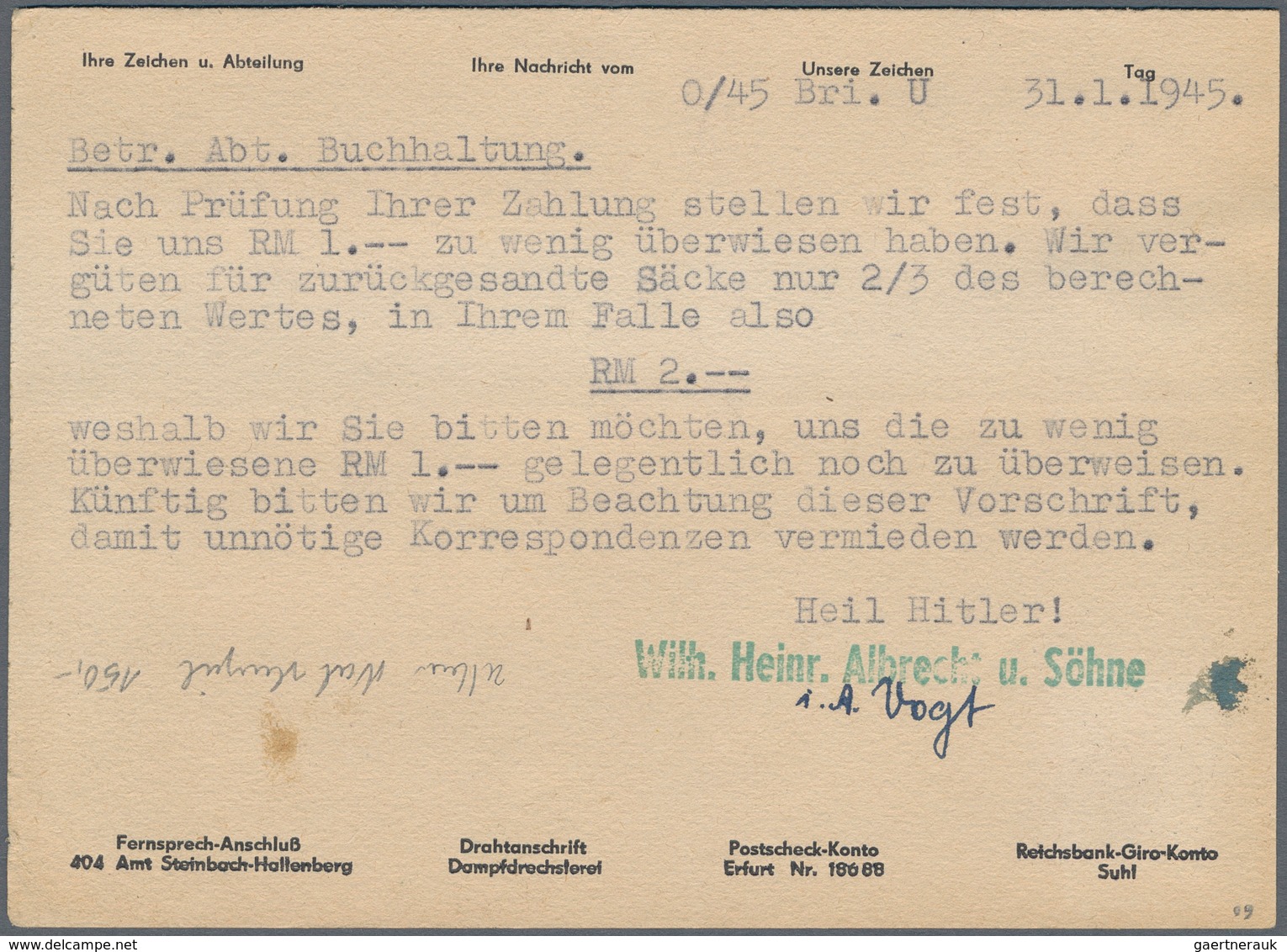 Deutsches Reich - Stempel: "Viernau", Not-L1 Auf Postkarte Frankiert Mit 6 Pfg. Hitler Und Poststemp - Macchine Per Obliterare (EMA)