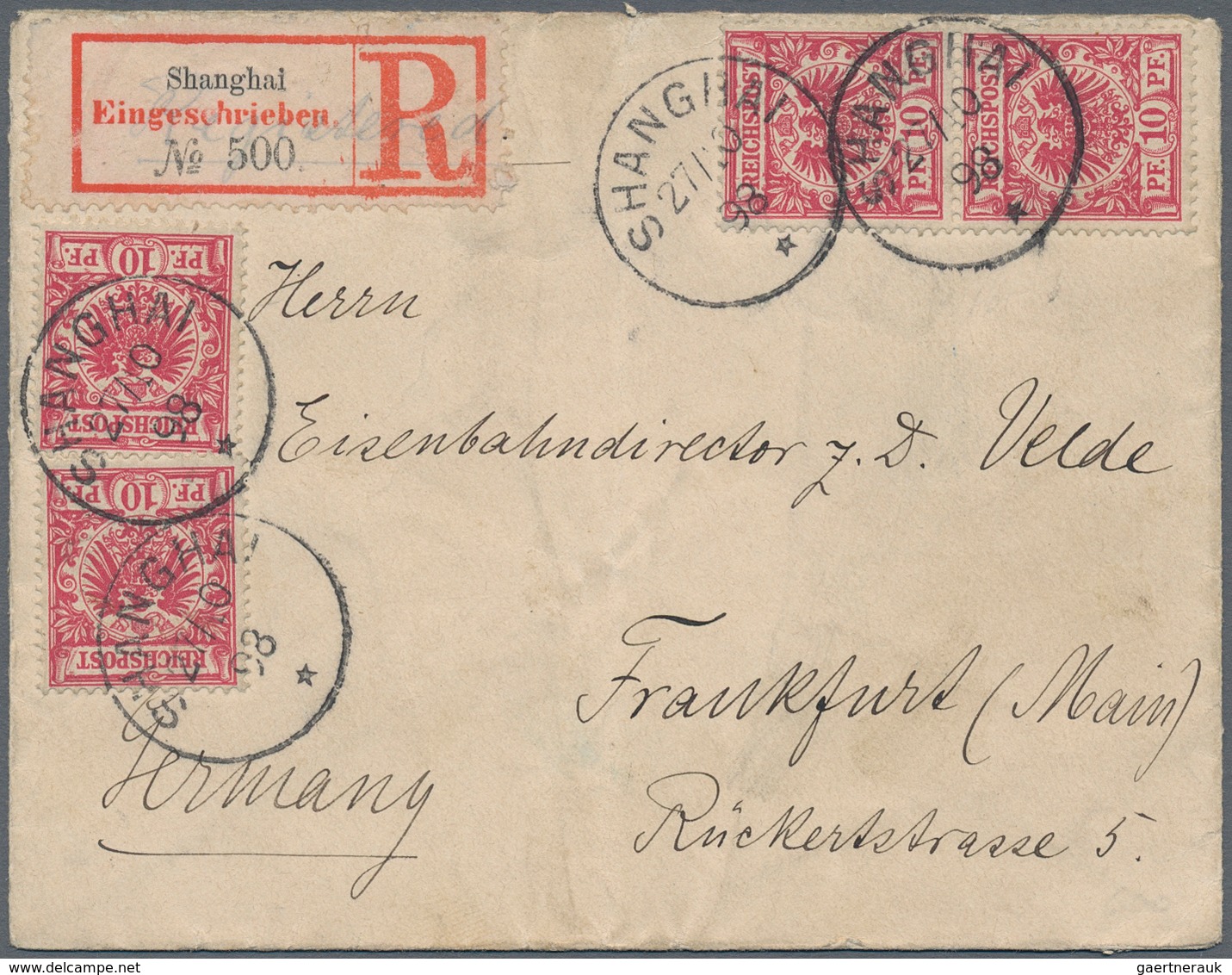 Deutsche Post In China: 1898 (27.10.), Paar + Zwei Einzelmarken 10 Pfg Krone/Adler (Mitläufer) Mit S - Deutsche Post In China