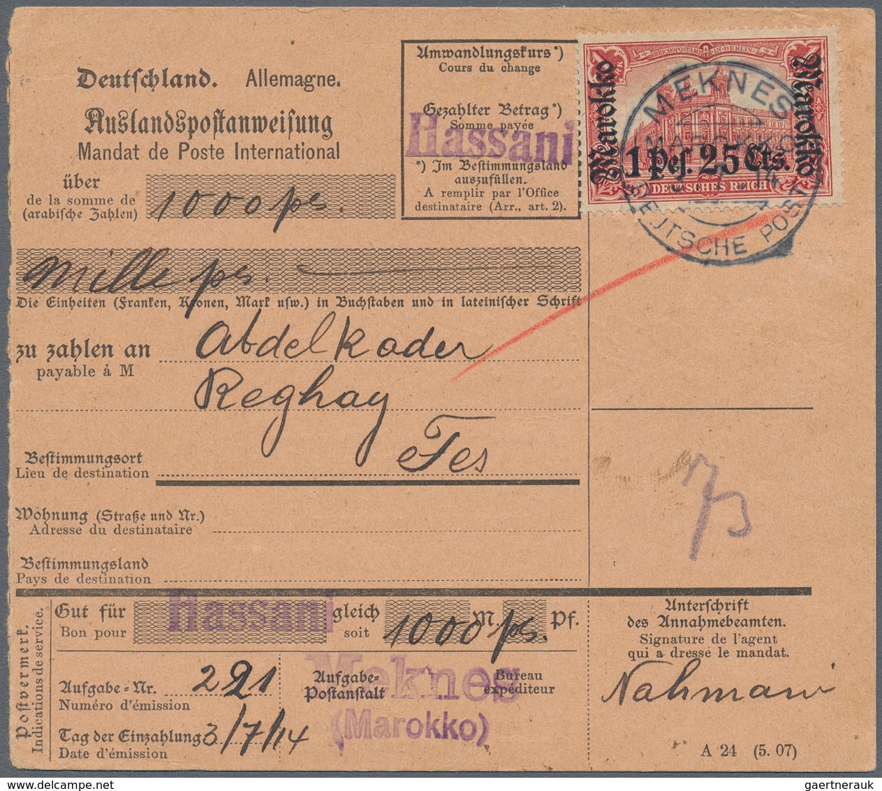 Deutsche Post In Marokko: 1914 (3.7.), Einzelfrankatur 1 Pes.25 Cts. Auf 1 Mark Mit Stempel "MEKNES - Marokko (kantoren)