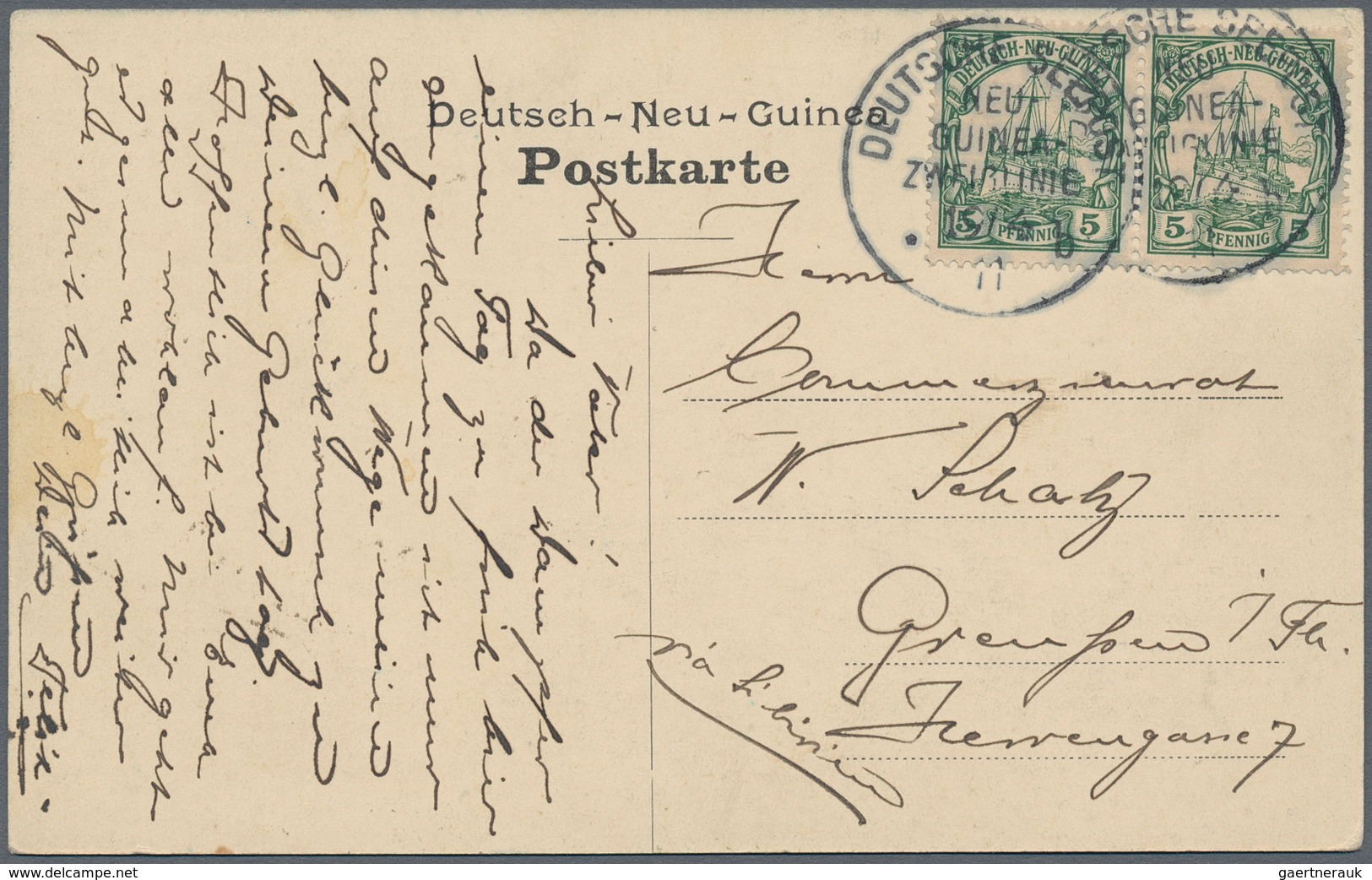 Deutsch-Neuguinea: 1911 (19.4.), Paar 5 Pfg Mit Stempel "DEUTSCHE SEEPOST NEU-GUINEA-ZWEIGLINIE * B" - Nuova Guinea Tedesca