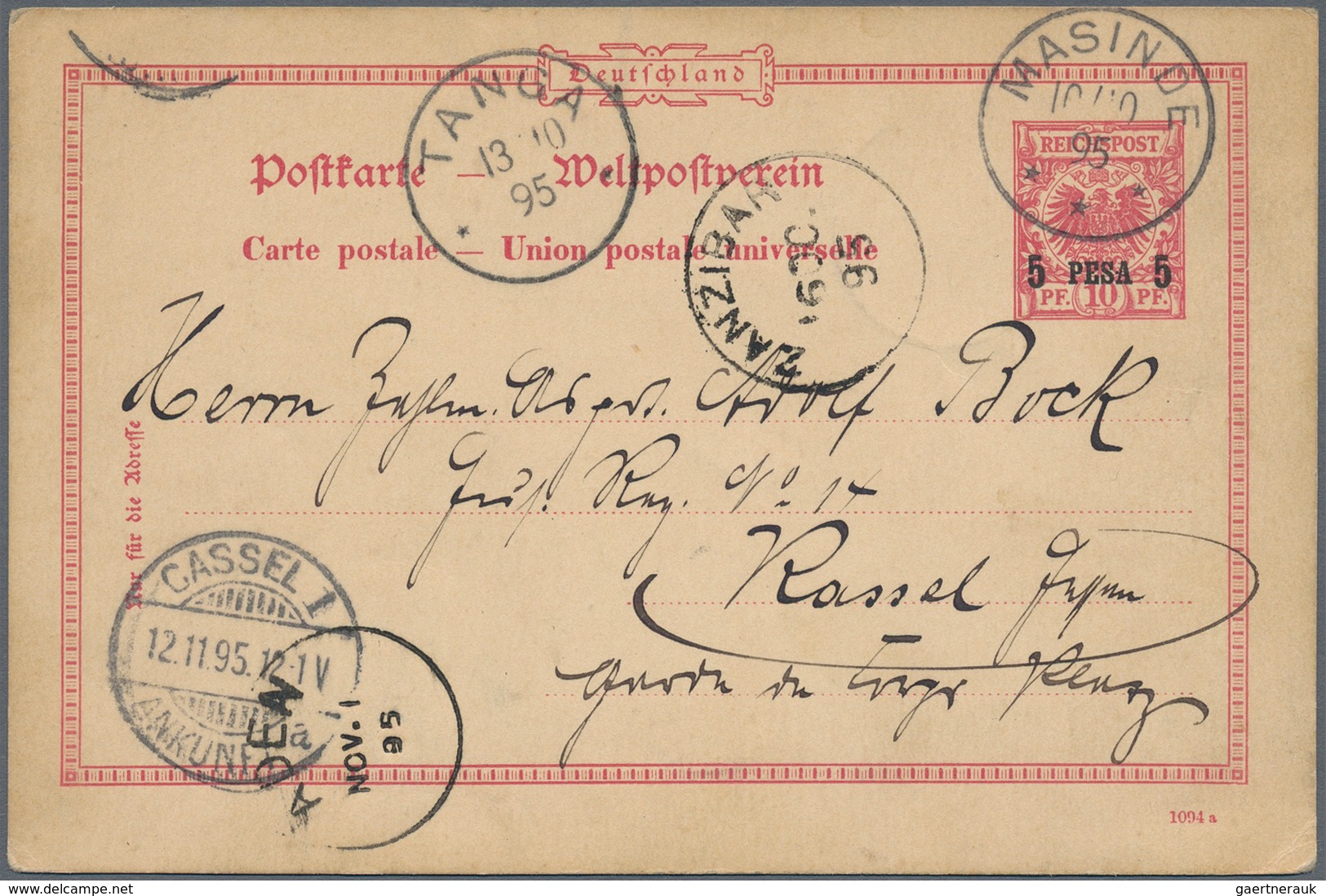 Deutsch-Ostafrika: 1895 (10.10.), 5 Pesa Aufdruck-GA-Kte Mit Seltenem Stempel "MASINDE" (klarer Absc - Africa Orientale Tedesca